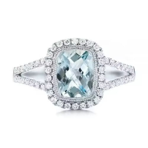 2.67 Carat Cushion Cut Bezel-set Aquamarine Stone and Round cut Natural Diamond Vintage Ring 