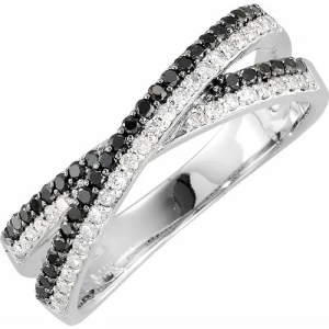 0.75 Carat Round Brilliant Cut Natural White & Black Diamond Criss-Cross Ring