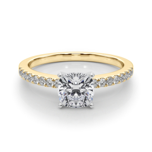 Creeda Cushion Cut Lab-Created Diamond Yellow Gold 4 Prong Side Stone Engagement Ring