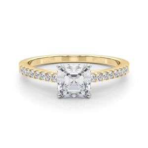 Rinsy Asscher Cut Lab Grown Diamond Yellow Gold 4 Prong Side Stone Engagement Ring