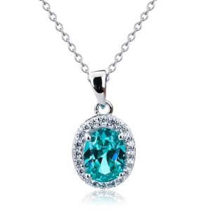 3.00 Carat Blue Topaz Oval Cut and Natural Round Cut Diamonds Halo Pendant 18 Inch Chain Included