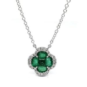 1.50 Carat Emerald and Natural Round Cut Diamonds Halo Pendant 18 Inch Chain Included