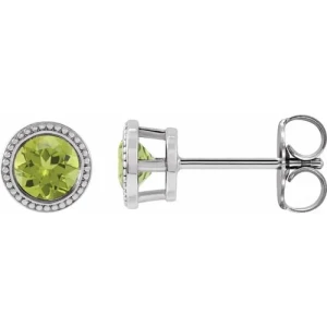 Firouz Peridot Silver Bezel Set  Diamond Earrings