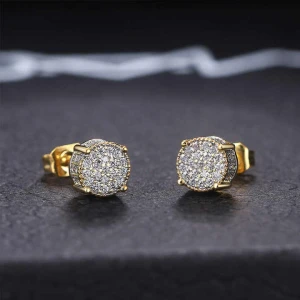 Lab-Created Yellow Gold Pave Set Men's Diamond Earrings