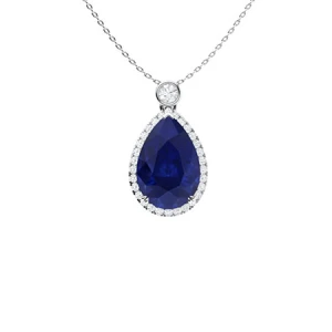 Vani Blue Sapphire Platinum 3 Prong Birthstone Diamond Pendant Necklace