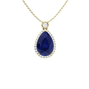 Vani Blue Sapphire Yellow Gold 3 Prong Birthstone Diamond Pendant Necklace