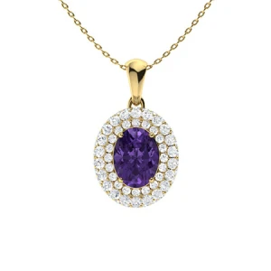 Quetzalli Amethyst Yellow Gold 4 Prong Birthstone Diamond Pendant Necklace