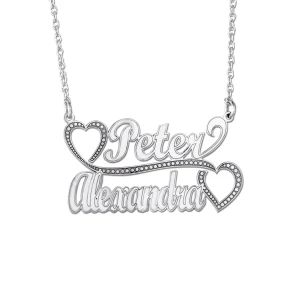 Peter Silver 2 Names With Hearts On Ends Designer Pendant Necklace