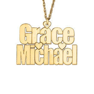Lucas Yellow Gold 2 Row Name Heart Center Designer Pendant Necklace