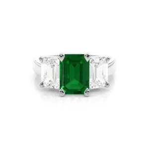 Darlena Emerald Yellow Gold 4 Prong 3 Stone Diamond Ring