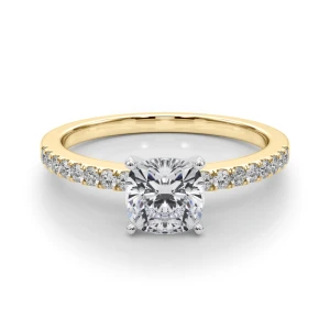 Creeda Cushion Cut Lab-Created Diamond Yellow Gold 4 Prong Side Stone Engagement Ring
