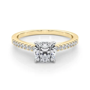 Rinsy Cushion Cut Lab-Created Diamond Yellow Gold 4 Prong Side Stone Engagement Ring