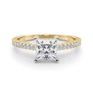 Rinsy Princess Cut Lab-Created Diamond Yellow Gold 4 Prong Side Stone Engagement Ring