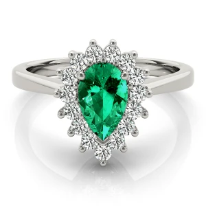 Daniella Emerald Silver 4 Prong Halo Engagement Ring