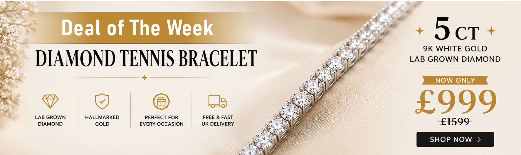 5 Carat Lab Grown Diamond Tennis Bracelet in 9K White Gold