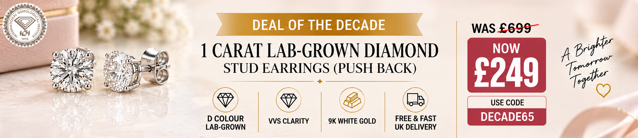 1 Carat IGI Certified Lab Grown Diamond Stud Earrings in 9K White Gold