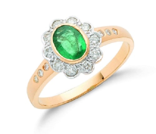 1.00 Carat Oval Cut Emerald Stone and Natural Round cut Diamond Ring 18k Gold  