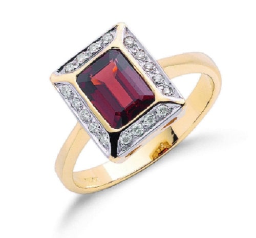 Emerald Cut Garnet Stone And Natural Round Cut Diamond Ring 9K Gold