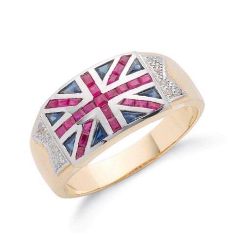 1.34 Carat Ruby Stone, Saaphire and Natural Round cut Diamond Union Jack Mens Ring 9k Gold  