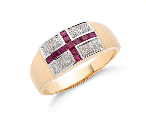 0.84 Carat Princess Cut Ruby Stone and Natural Round cut Diamond Saint George Mens Ring 9k Gold  