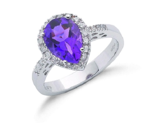 1.78 Carat Pear Cut Amethyst Stone and Natural Round cut Diamond Ring 9k Gold  