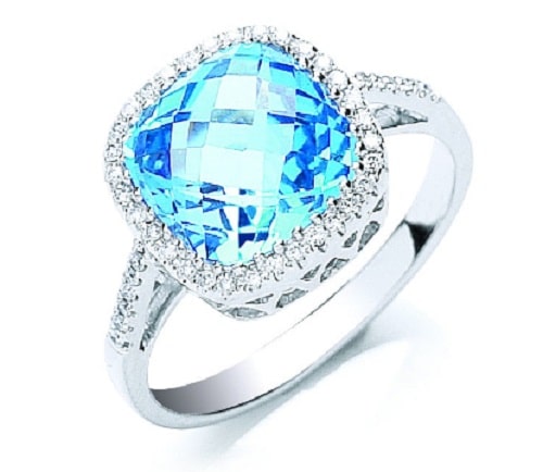 3.65 Ct Blue Topaz Cushion Cut Zamara Diamond Rings in 9K White Gold