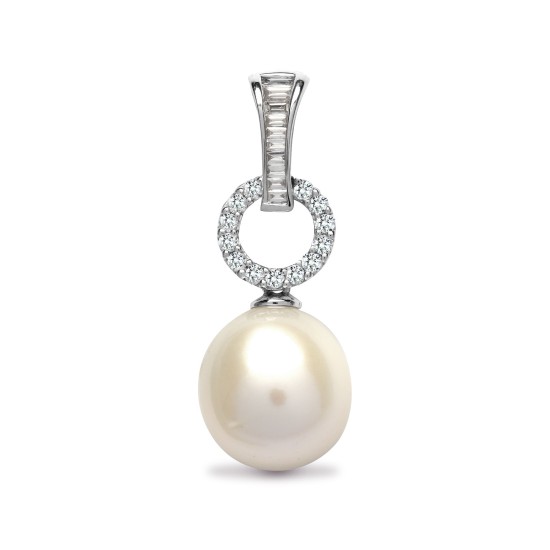 0.33 Carat Natural Round and Baguette Diamond Pearl Drop Pendant