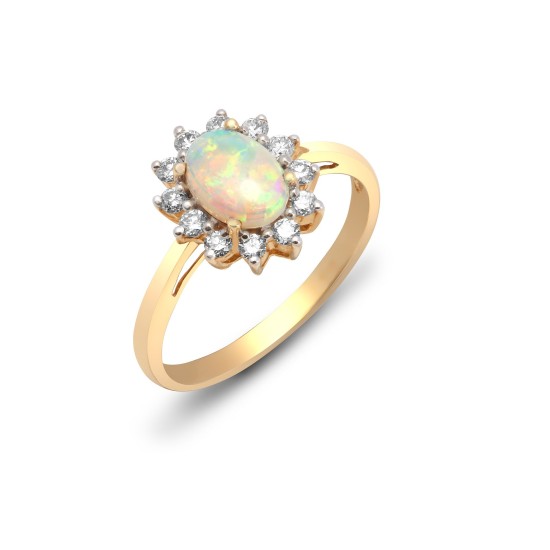 0.68 Carat Oval Cut Opal Stone And Natural Round Cut Diamond Claw-set Ring 18k Gold