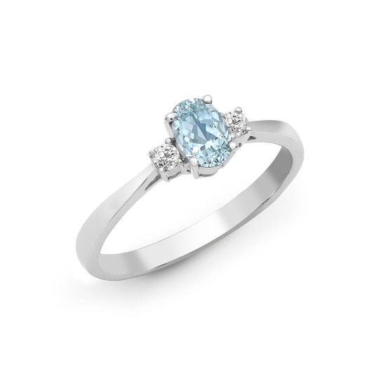 0.40 Carat Oval Cut Aqua-Marine Stone And Natural Round Cut Diamond Claw set Ring 18k Gold