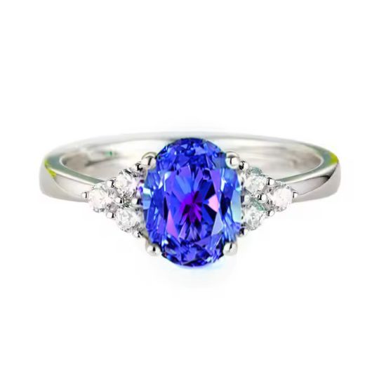 0.48 Carat Oval Cut Tanzanite Stone And Natural Round Cut Diamond Claw set Ring 18k Gold