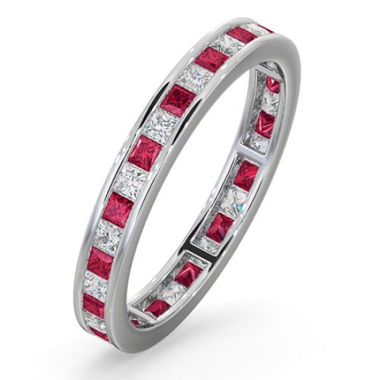1.10-2.25 Carat Natural Princess Cut Ruby And Diamond Channel-set Full Eternity Ring 18K Gold