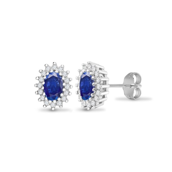 1.00 Carat Oval Cut Blue Sapphire Stone And Natural Round Cut Diamonds Stud Earrings