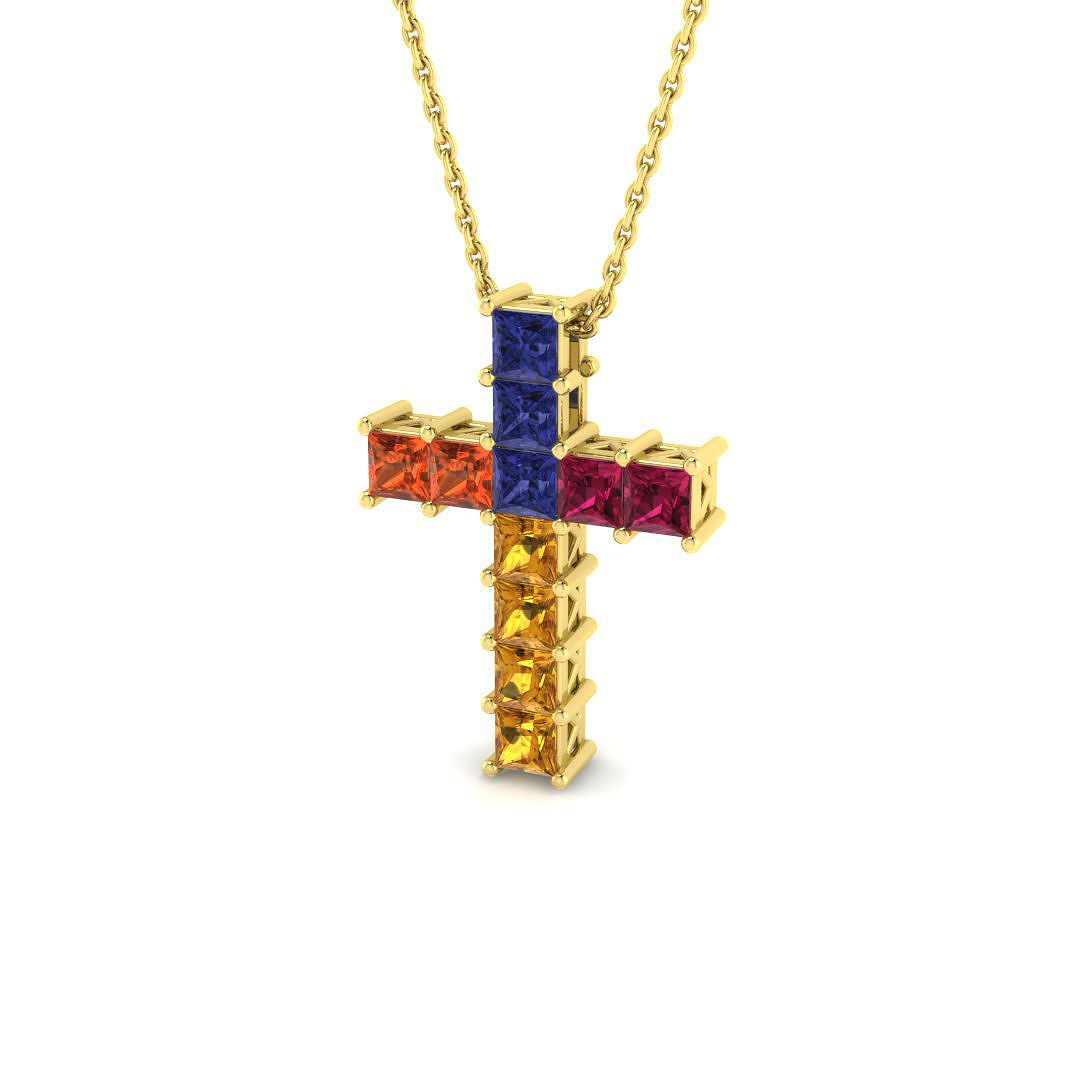 Multi Sapphire Cross Pendant in 9K Yellow Gold