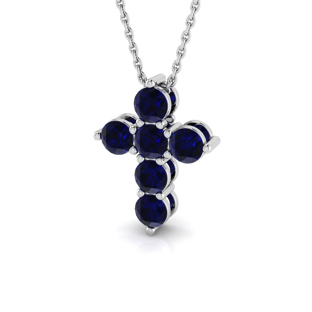 Blue Sapphire Cross Pendant in 18K White Gold
