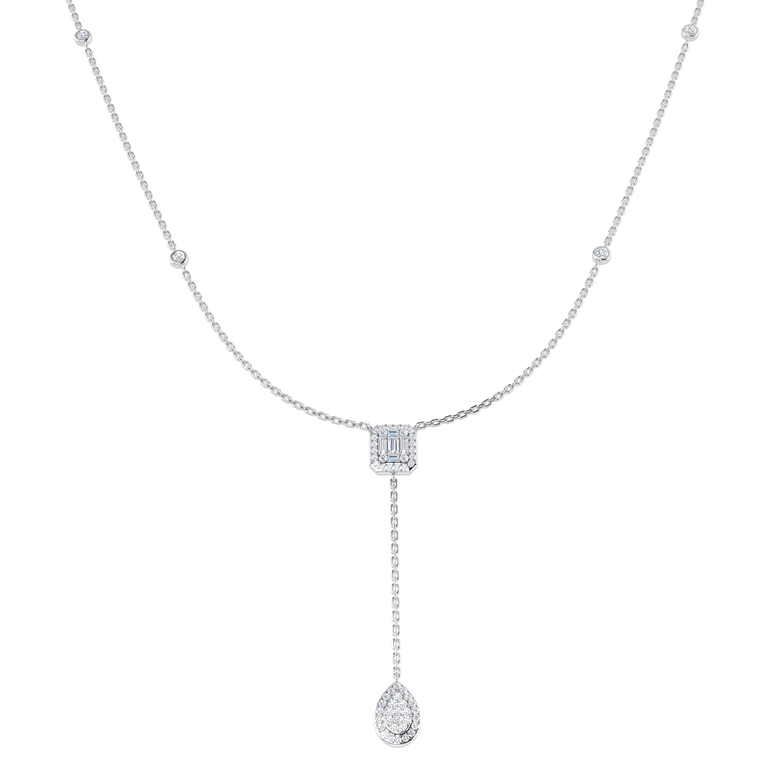 0.42ct Natural Diamond Baguette & Brilliant Necklace in 18K White Gold