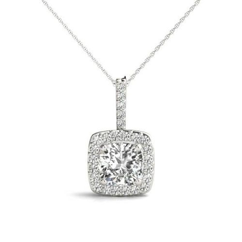 1.25 Ct Lab-Created Diamond Cushion Cut Tamora  Halo Pendant Necklaces in 9K White Gold