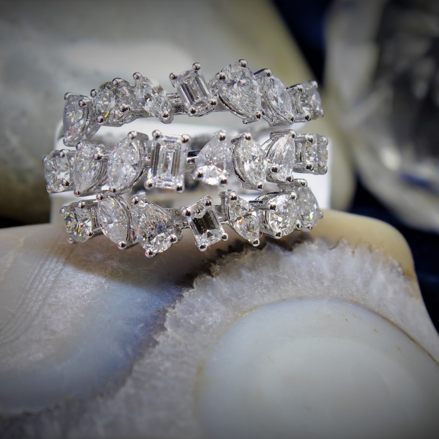 2.81 Carat F/VS Natural Round, Pear, Marquise and Emerald Cut Diamond Designer Half Eterenity Ring