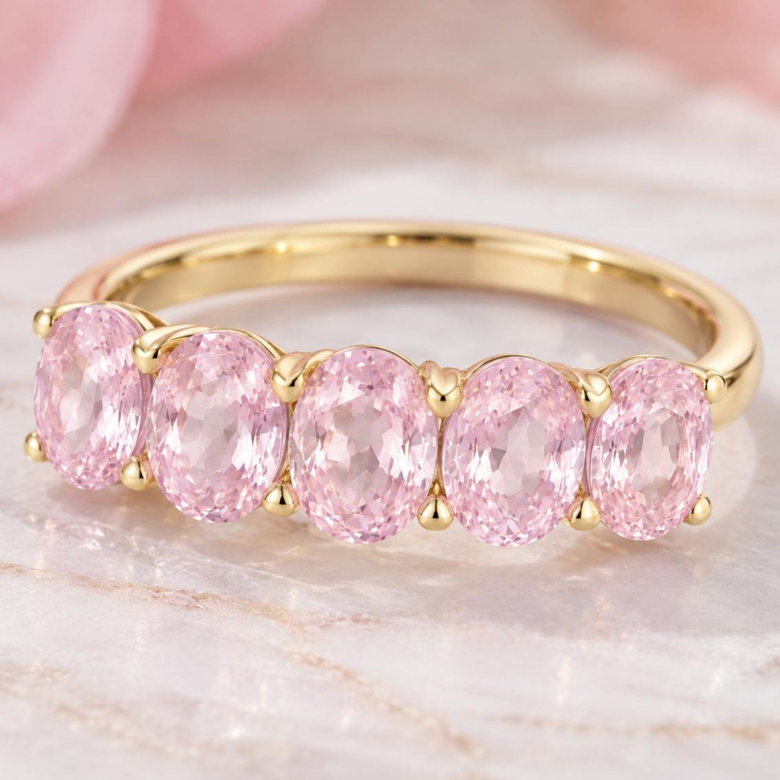 Pink Sapphire 0.80Ct Carat Prong Five Stone Diamond Ring