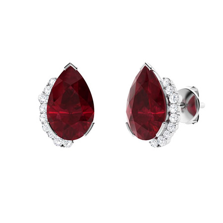 Pear Shaped Ruby Earring With Round Diamonds As A Side Stone