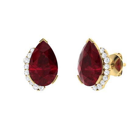 Pear Shaped Ruby Earring With Round Diamonds As A Side Stone