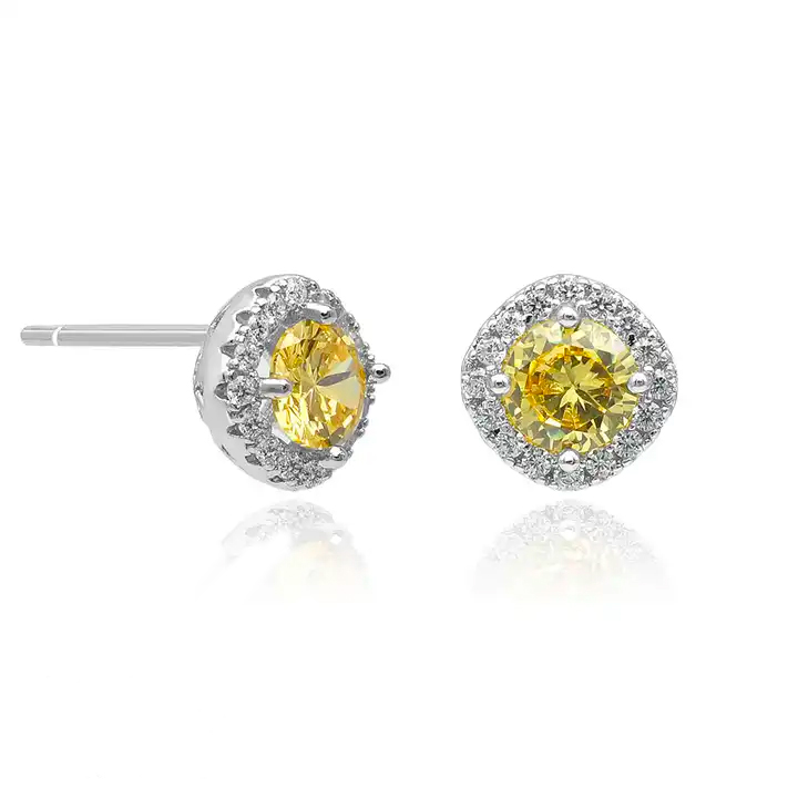 0.60-3.00 Carat Cushion Cut Yellow Diamond Earrings With Diamond Set