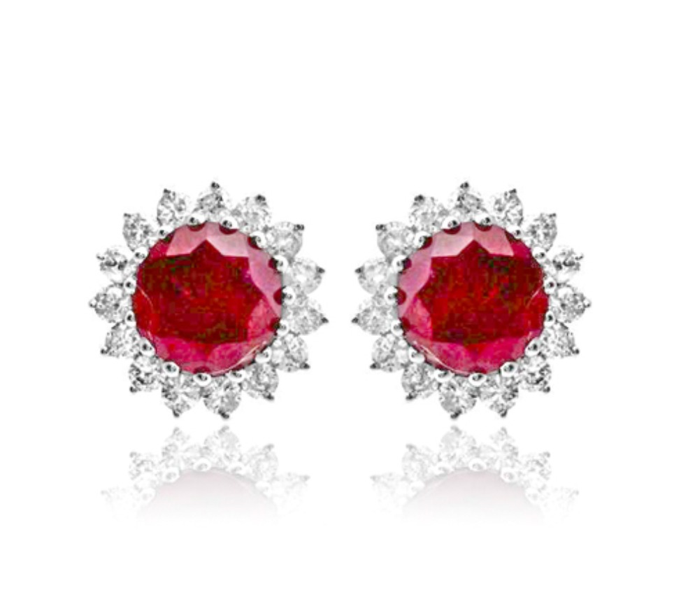 0.50 Carat Round Shaped Maroon Color Ruby Halo Earrings With Diamond Set