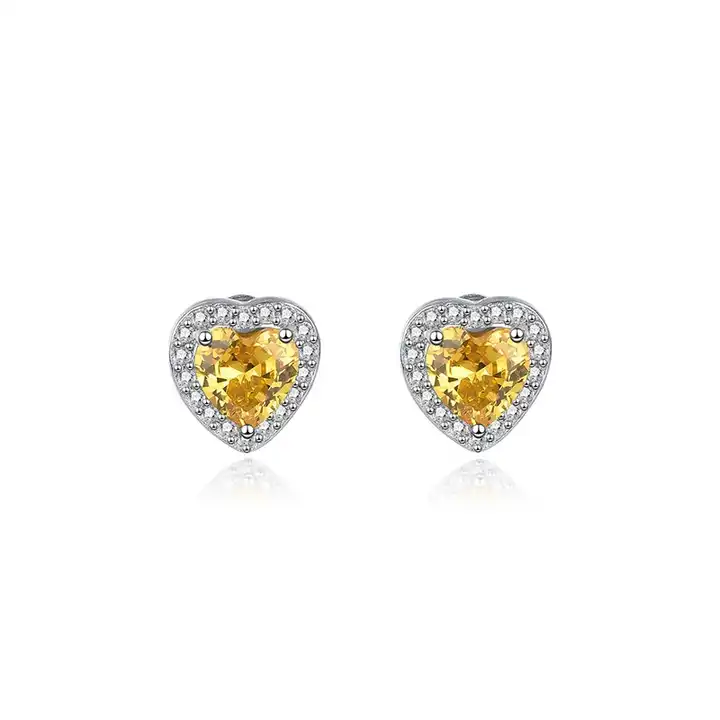 0.60-3.00 Carat Heart Shaped Yellow Diamond Earrings With Diamond Set