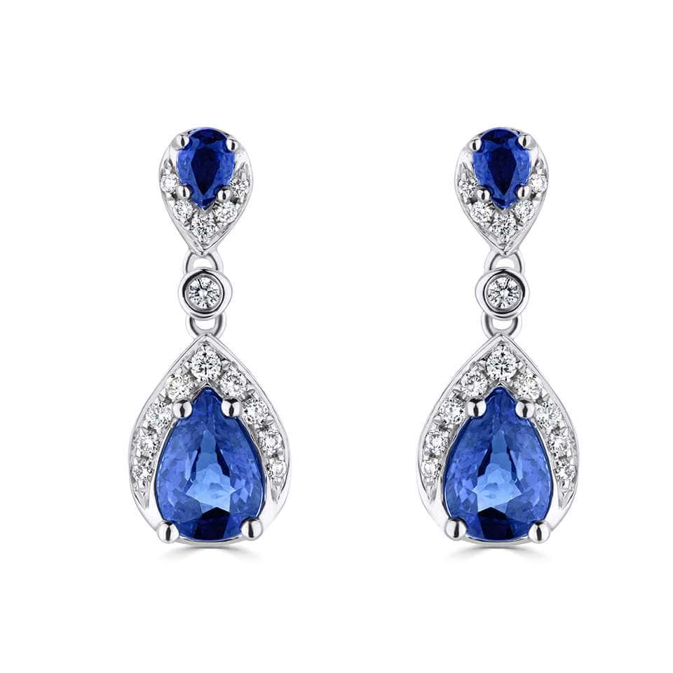 1.31 Carat Pear Shaped Gemstone And Round Diamond Set Drop Earrings in Blue Sapphire, Ruby And Emerald