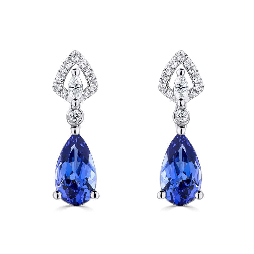 0.93 Carat Pear Shaped Blue Sappire With Round Diamond Set Drop Earrings