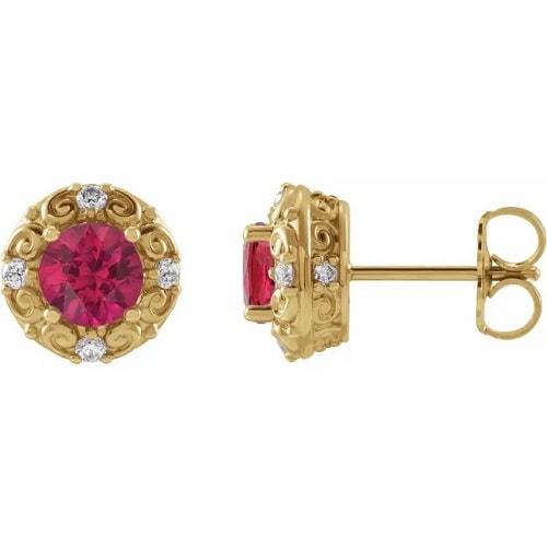 Hedheue Natural Ruby 4 Prong Set  Diamond Earrings