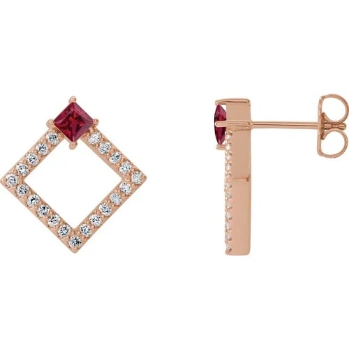 Halfryta Natural Ruby 4 Prong Set  Diamond Earrings