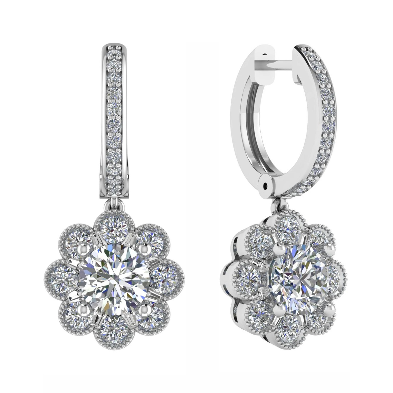 1.5 Ct Natural Round Cut Liuitha  Drop Diamond Earrings in 9K White Gold