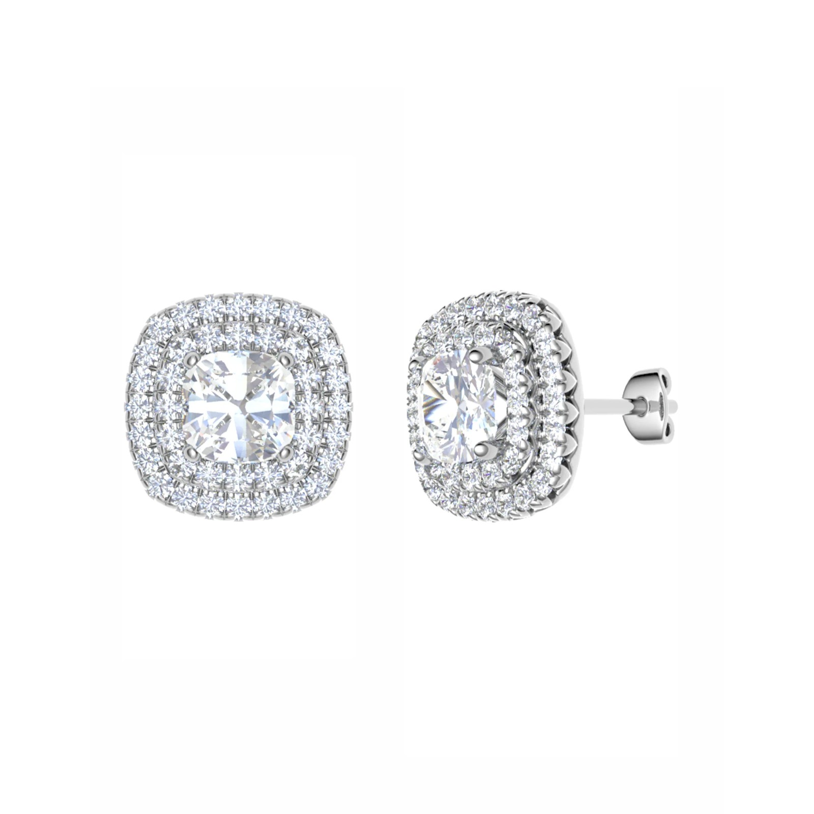 Four Prong Cushion Shape Diamond Double Halo Earring