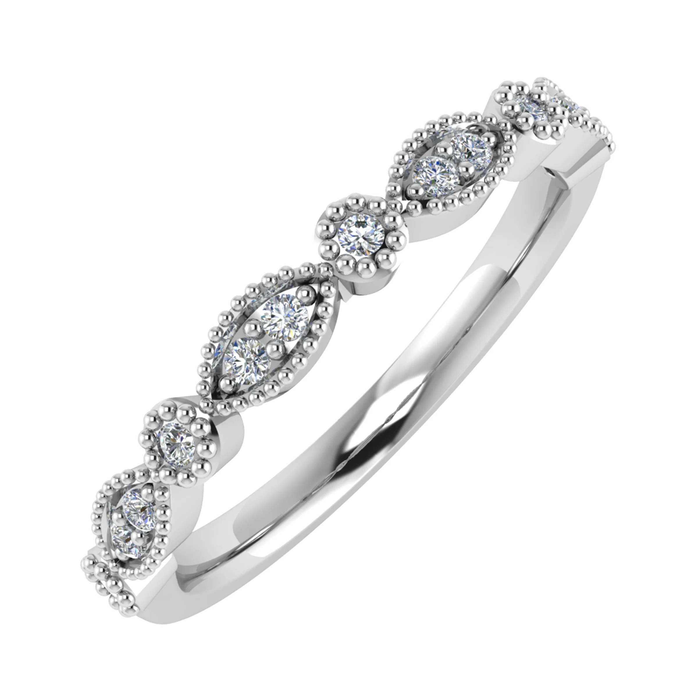 0.15 Carat Grain and Rubover Set Round Diamond Vintage Half Eternity Ring in Rounded Flat Profile